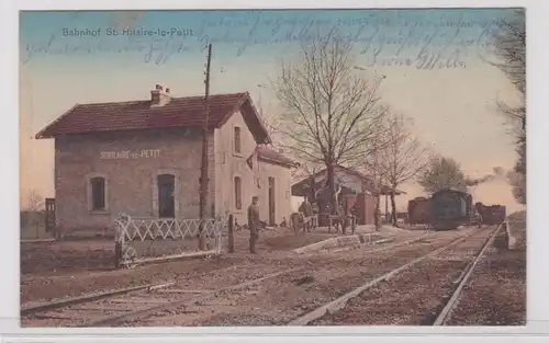 75811 Feldpost AK Gare St. Hilaire-le-Petit avec lok à vapeur entrant 1915