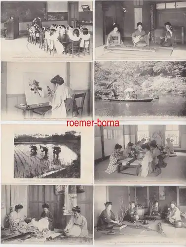 77203/8 Ak Japan Damen im Reisfeld, bei Handarbeiten, Kindergarten usw. um 1910