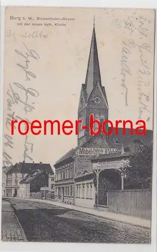 77250 Ak Burg b. Magdeburg Blumenthaler Strasse mit der neuen kath. Kirche 1907