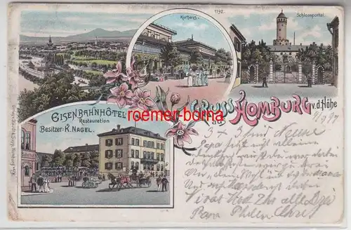 78297 Ak Lithographie Gruss de Homburg c.d. hauteur hôtel ferroviaire etc 1897