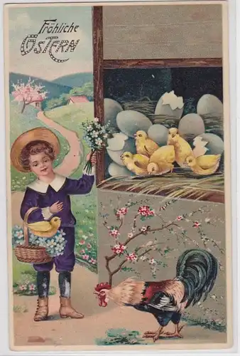 78560 Glückwunsch AK Fröhliche Ostern Kind mit Korb vor Hühnerstall 1910