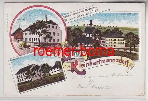 78590 Ak Lithographie Gruss de Kleinhartmannsdorf Gasthof, cour d'héritage, école