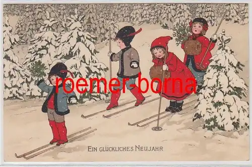 78680 Neujahrs Ak Kinder laufen Ski 1913