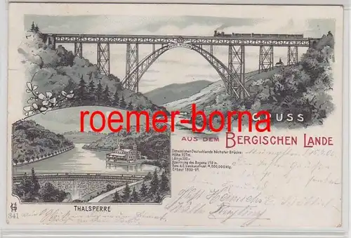 78963 Ak Lithographie Gruss aus dem Bergischen Lande Thalsperre und Brücke 1900