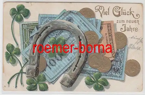 79276 Neujahrs Präge Ak mit Banknoten, Münzen, Hufeisen und Kleeblätter um 1910