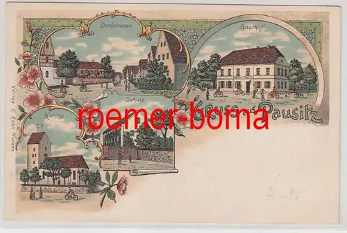 79401 Ak Lithografie Gruss aus Pausitz Dorfstrasse, Gasthof, Kirche usw. um 1900