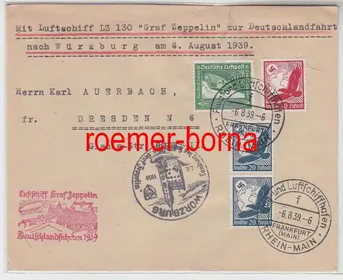 79627 Zeppelin Lettre Voyage en Allemagne 1939 Würzburg Dresde