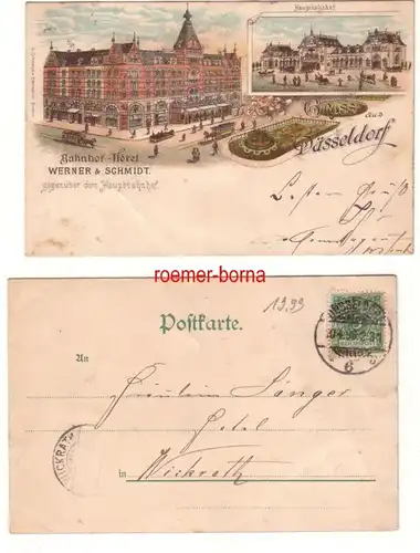 79701 Ak Lithografie Gruss aus Düsseldorf Bahnhof-Hotel & Hauptbahnhof 1896