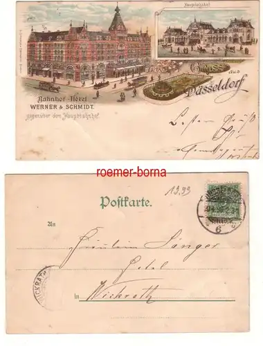 79701 Ak Lithographie Gruss de Düsseldorf Bahnhof-Hotel & Hauptbahngare 1896