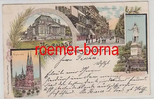 79789 Ak Lithographie Gruss de Wiesbaden Wilhelmstrasse etc. 1898