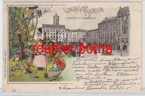 79794 Oster Ak Lithographie Gruss aus Berlin neuer Markt mit Lutherdenkmal 1899