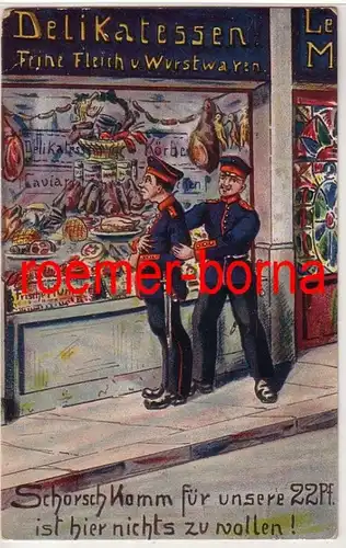 79815 Artiste Ak militaire humour soldats avant commerce de mets délicat 1912