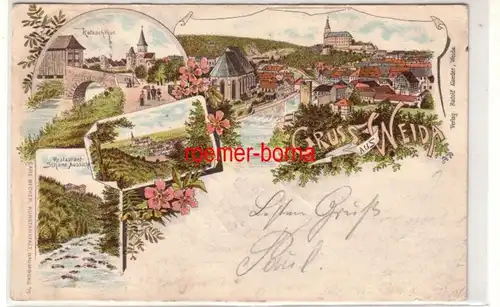 80127 Ak Lithographie Gruss aus Weida Katzschthor, Restaurant usw. 1899
