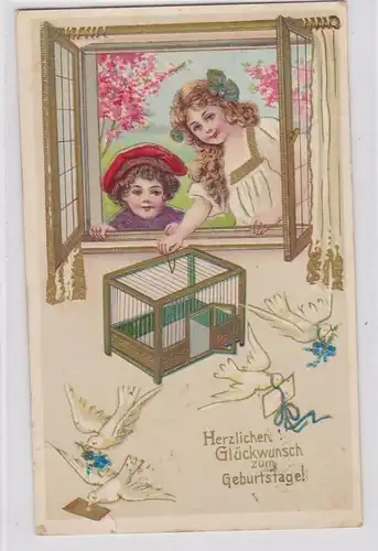80986 Geburtstags Ak Kinder mit Vogelbauer und 4 Tauben 1910