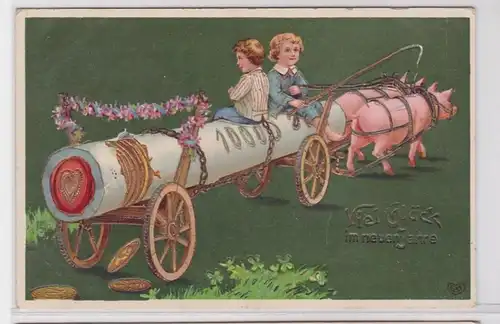 81091 Frohes neues Jahr Präge Ak 2 Kinder mit Schweinefuhrwerk 1912