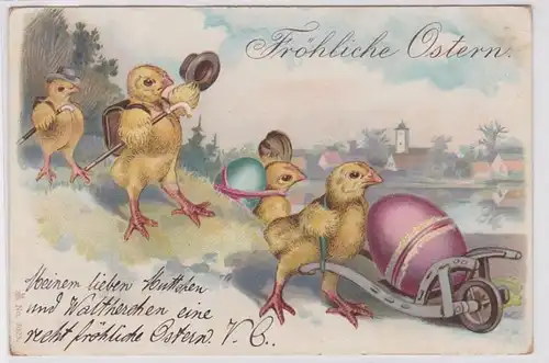 82145 Félicitations AK Joyeux Pâques - poussins avec des chapeaux pousser des chariots d'oeufs 1900