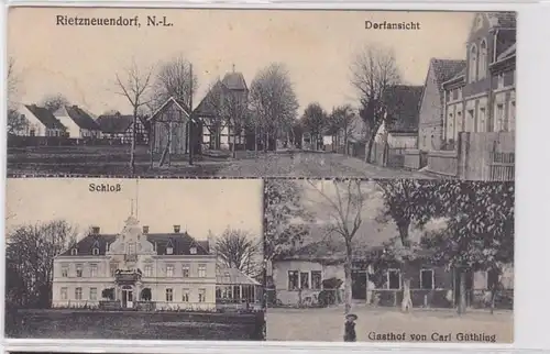 82805 AK Rietzneuendorf - Dorfansicht, Gasthof von Carl Güüthling, Schloß 1919