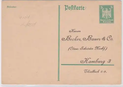 86039 DR Ganzsachen Postkarte P156 Zudruck Becker, Bauer & Co. Hamburg