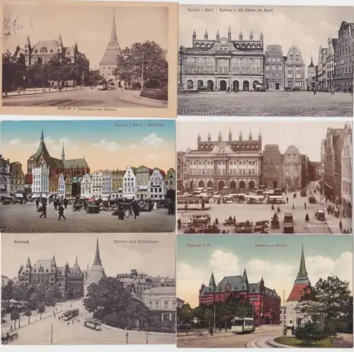 86057/6 Ak Rostock Markt, Marienkirche, Rathaus, Steintor usw. um 1910