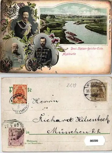 86099 Ak Lithographie Dreikaiserreichsecke Myslowitz 1902