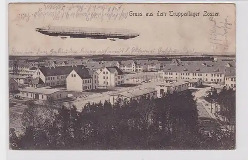 86541 Feldpost Ak Gruß aus dem Truppenlager Zossen mit Zeppelin Luftschiff 1915