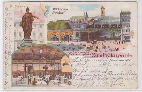 87063 Ak Lithographie Berlin à la gare municipale Alexanderplatz 'Zum Prélaten' 1899