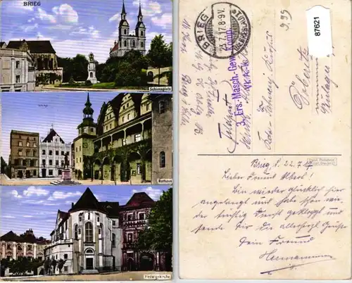 87621 Feldpost AK Brieg - Place du Château, Hôtel de Ville & Hedwigskirche 1917