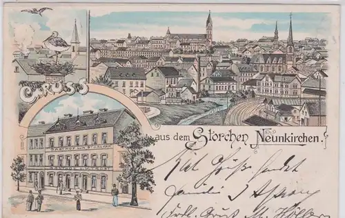 87810 Ak Lithographie Gruss aus dem Gasthof Storchen Neunkirchen 1903