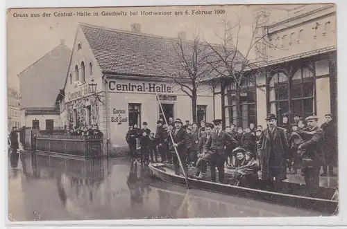 88583 Ak Gruß aus der Central Halle in Gaschwitz bei Hochwasser 1909