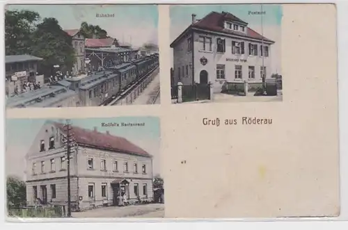 88621 Feldpost AK Gruß aus Röderau - Postamt, Bahnhof, Knöfel's Restaurant 1917