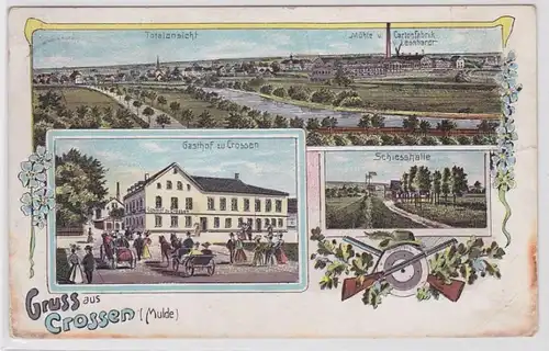 88829 Ak Lithographie Gruss aus Crossen Mulde Gasthof, Kartonfabrik usw. 1908