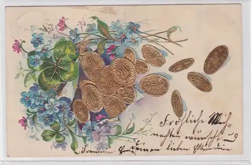 89735 Félicitations AK trèfle à quatre feuilles, fleurs & pfennige doré 1905
