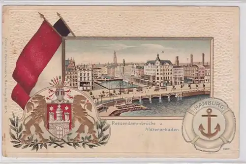 89743 Präge Passepartout AK Hamburg Reesendammbrücke & Alsterarkaden 1907