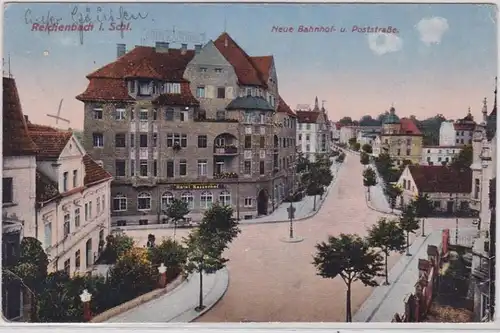 89865 AK Reichenbach in Schlesien - Neue Bahnhof- & Poststraße mit Hotel 1919