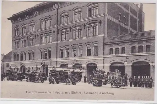 89970 Ak Hauptfeuerwache Leipzig mit Elektro Automobil Löschzug um 1910