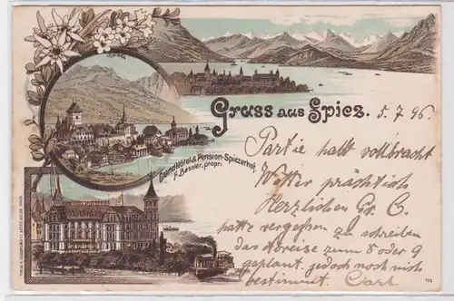 90295 Lithographie AK Gruss de Spiez - GrandHôtel & Pension Spiezerhof 1896
