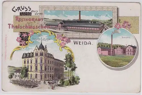 90324 Ak Lithographie Gruß aus dem Restaurant zum Thalschlösschen Weida um 1900