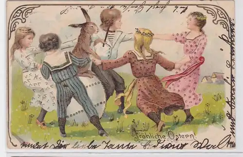 90534 Félicitations AK Joyeux Pâques - Les enfants dansent en cercle autour de lapins 1906