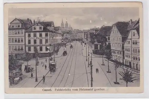 90613 Poste de terrain AK Cassel, Pont Fulda vu du marché du bois, pharmacie d'aigle 1918