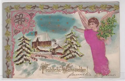 90636 Fröhliche Weihnachten Präge Stoff Ak Engel vor Winterlandschaft 1901