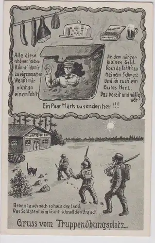 90677 militaire AK Gruss du terrain d'entraînement des troupes, carte de rimes comme carte mendiante vers 1916