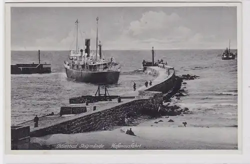 90688 Ak Ostseebad Stolpmünde Hafenausfahrt mit Dampfer 1936