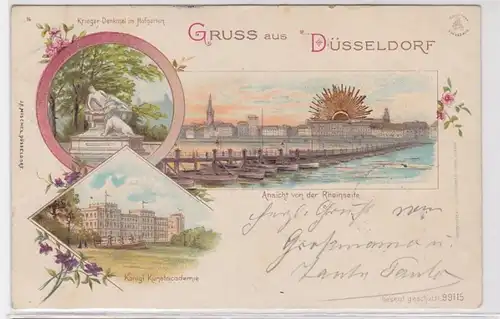 90897 AK Gruss aus Düsseldorf - Kriegerdenkmal, Kunstacademie & Promenade 1898