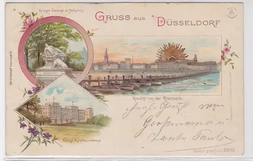 90897 AK Gruss de Düsseldorf - Monument aux guerriers, Academie & Promenade 1898