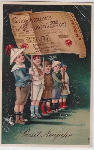 90899 Félicitations Prage AK Prosit Nouvel An - Les enfants tiennent le billet haut 1909