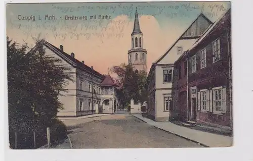 90920 AK Coswig in Anhalt - Breiterweg avec église 1935