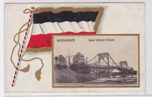90991 Fahnen Präge Ak Wilhelmshaven Kaiser Wilhelm Brücke 1915