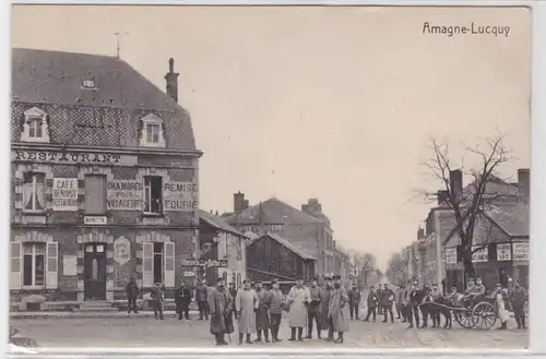 91065 Feldpost AK Amagne-Lucquy - Restaurant, Soldatenaufmarsch 1. Weltkrieg