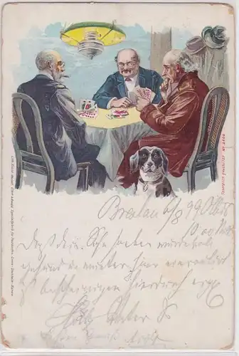 91327 Artiste AK Hommes round au poker, chien comme observateur 1899