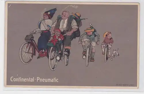 91572 publicité humour Ak Continental Pneumatic excursion en famille en vélo vers 1914